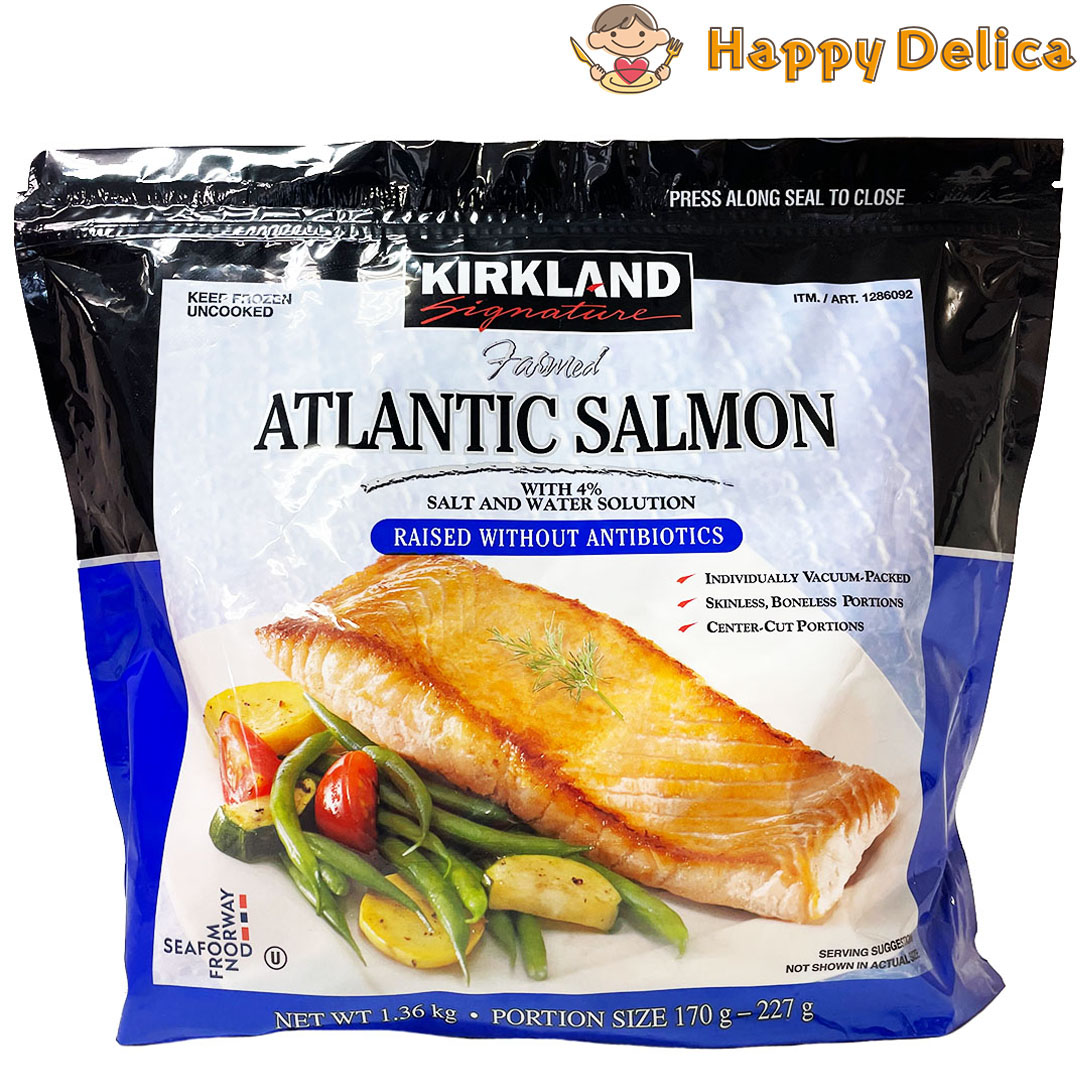 冷凍 カークランド アトランティックサーモン 1.36kg 骨皮無し ムニエル 調理 焼き鮭 魚 解凍 要加熱 料理 1切れ170g-227g ノルウェー コストコ