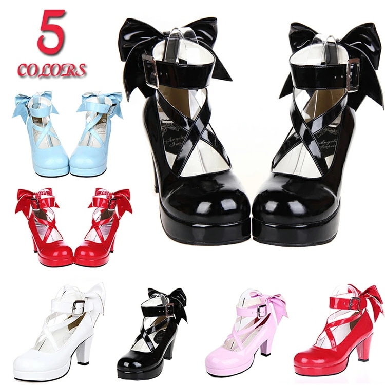 ロリータ靴 歩きやすい 6.5cm チャンキーヒール エナメル 甲ベルト ストラップパンプス おでこ靴 シンプル定番ロリータパンプス リボン ロリータ 靴 メイド靴 ロリィタ靴 ブラックエナメル ロリ
