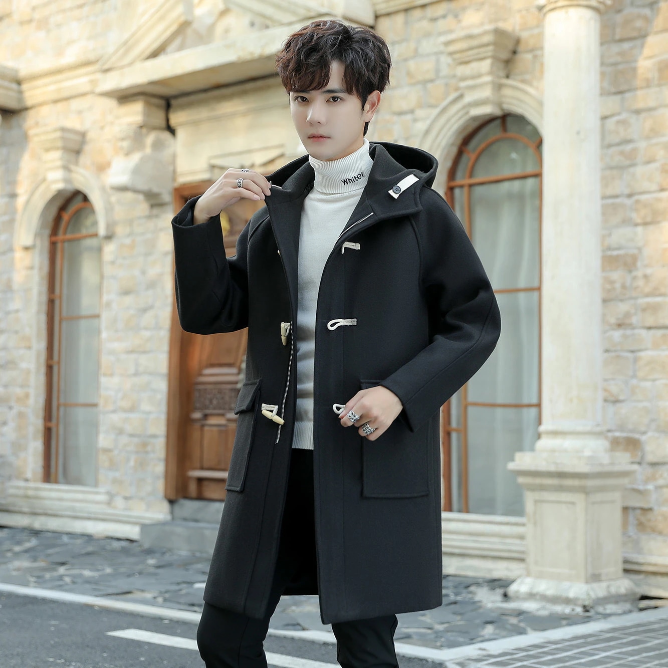 チェスターコート メンズ アウター ロングコート ロング丈 牛角ボタンコート 秋服 冬服 トレンチコート フード付き ビジネスコート スリム-969