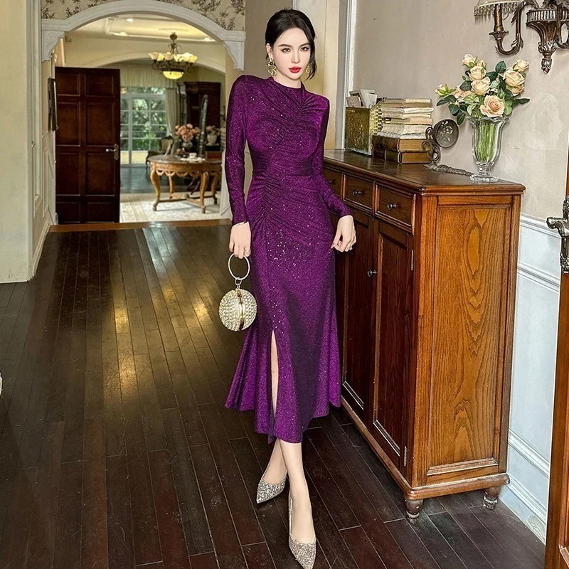 2024秋冬 ロングワンピース マーメイド スリム スリット パーティードレス 着痩せ 大人 お