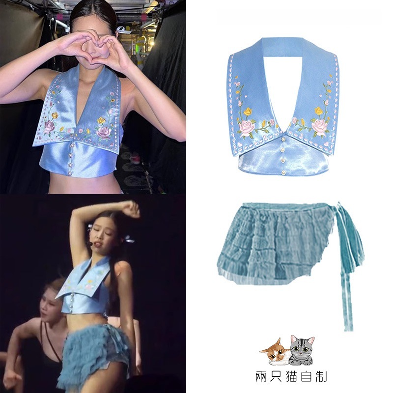 Jin Zhini コンサートブルーサテンホルタートップメッシュスカートスーツ