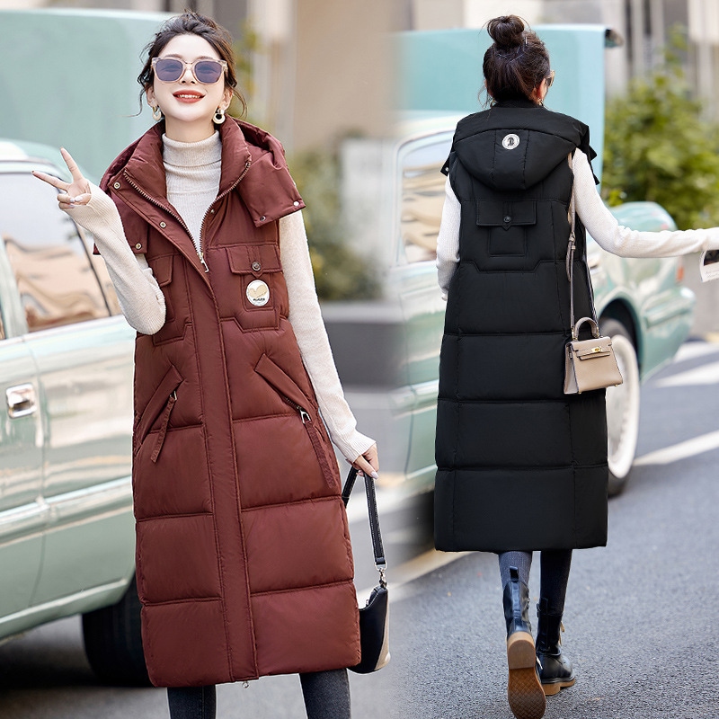 女性用ロング膝丈ダウンコットンベスト韓国風フード付きカジュアルベストルーズベスト暖かいベストジャケット 5,560円