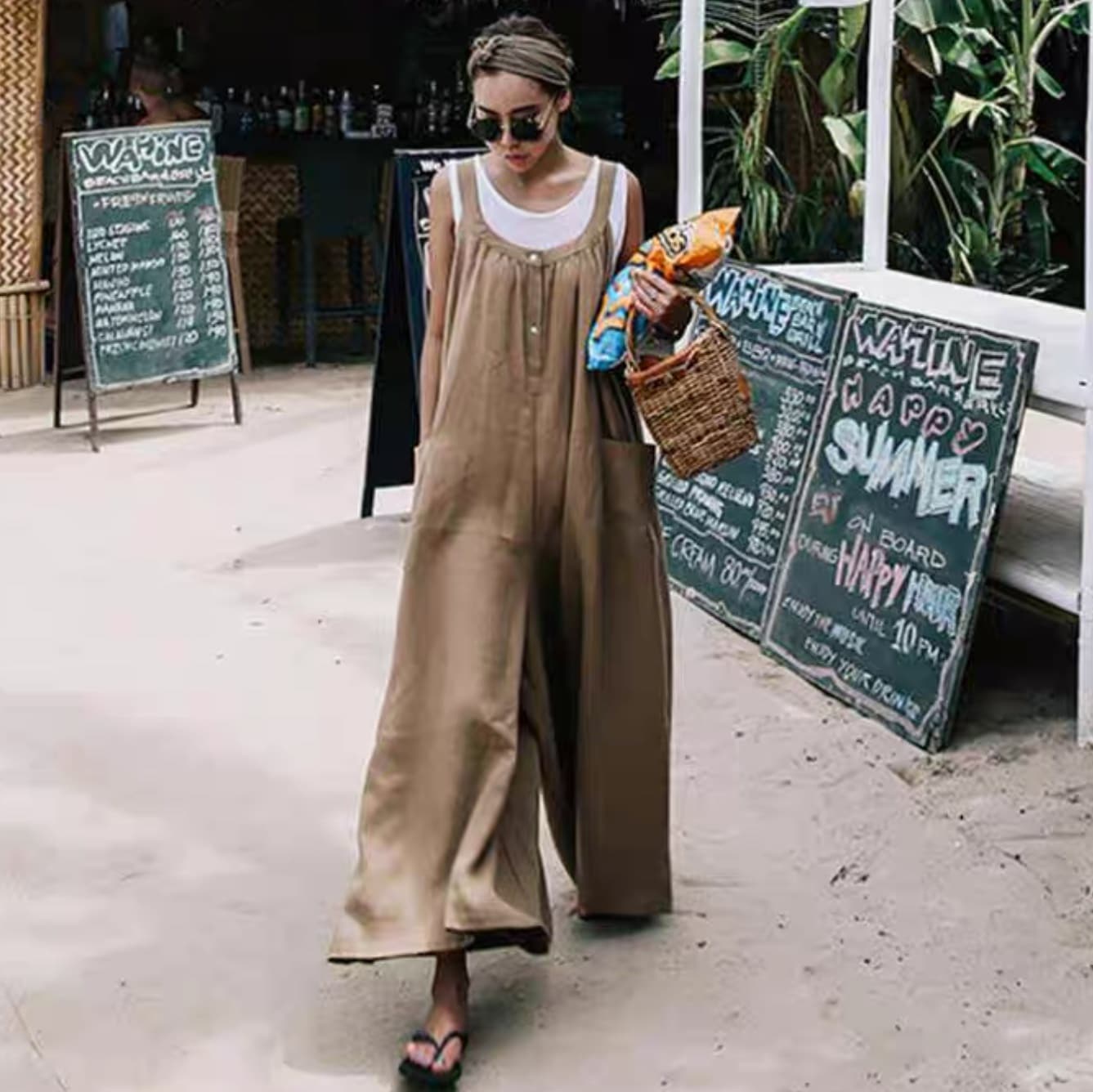 サロペット オールインワン レディース ストレートパンツ フルレングス 袖なし ノースリーブ ラウンドネック フェミニン ストリート タック タックプリーツ ポケット リネン 綿 コットン 麻