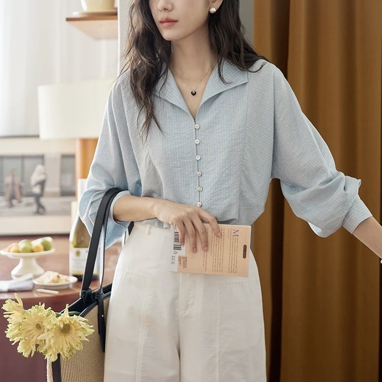 【送.料.無.料.急速発送】ブルーグリーンストライプの開襟ボタン長袖シャツ秋のレトロムード通勤