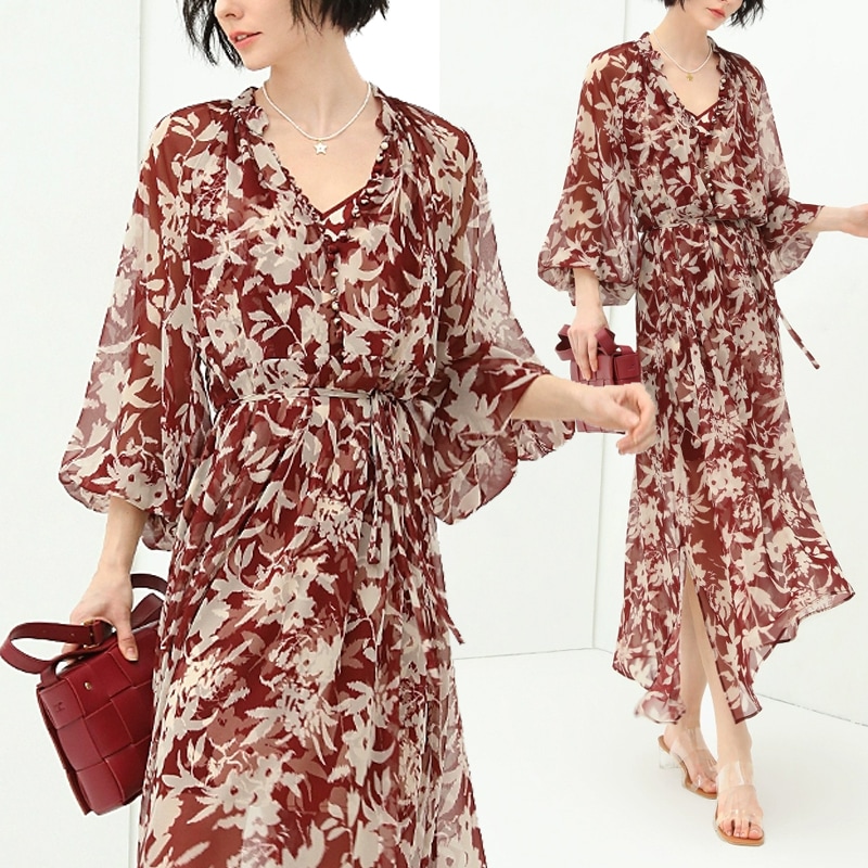 大人可愛い花柄シフォンワンピース - ロング丈フレアスタイル　24647