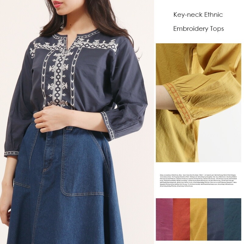 キーネック エスニック 刺繍 トップス ブラウス 七分袖 ネイティブ柄 2009/レディース 春新作ワンピースチュニック結婚式ドレス等/ /春 防寒対策 花粉 新生活 温感 プレゼント 4,814円