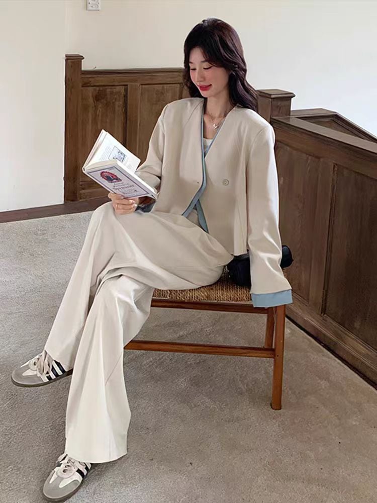 韓国 高度なセンス ファッション ベージュ・アプリコット・ブレザー スプリング 新作ワイドパンツ2ピース カジュアル・スーツ 韓国 セットアップ セットアップ スウェット セットアップ ジャージ