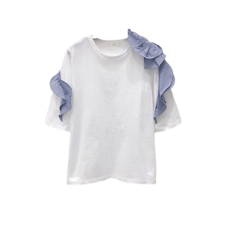 個性的 トップス Tシャツ カットソー 白トップス 半袖 ラウンドネック フリル かわいい 大人可愛い きれいめ シンプル カジュアル 大人 上品 おしゃれ お洒落 レトロ 大人女子 こなれ感 wto