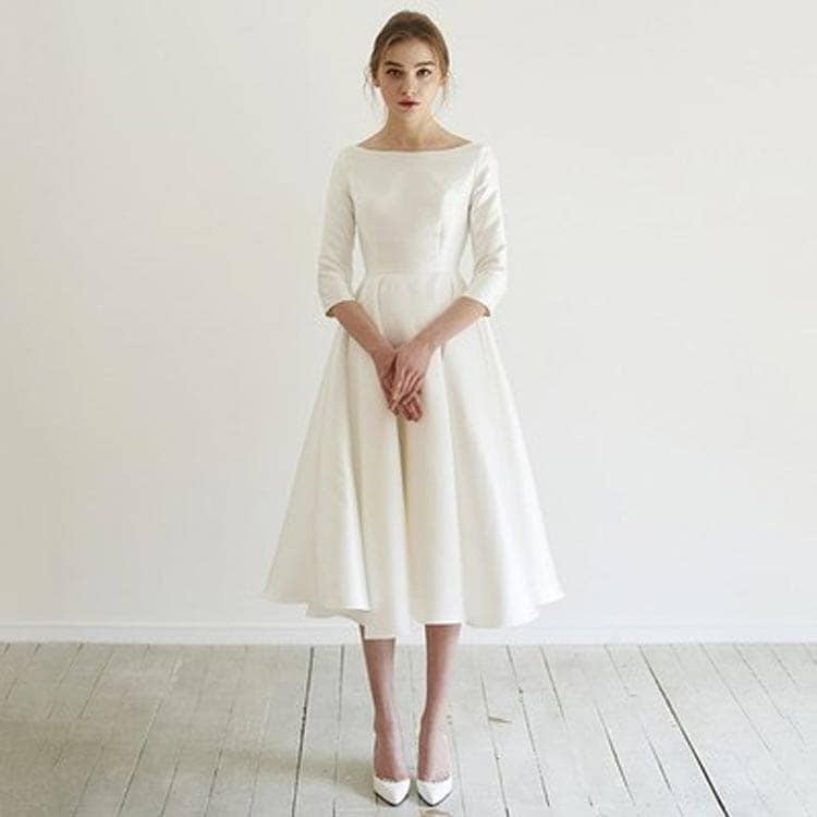 【急速出荷】aラインワンピース袖あり結婚式ワンピースフォーマルサテンフレアワンピースミモレ丈白大きいサイズ二次会ホワイトお呼ばれ結婚式ドレスパーティードレス膝下丈韓国パーティ披露宴発表会お呼ばれ
