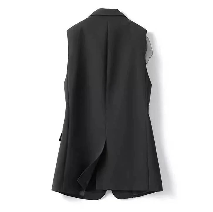 アウターベストトップス 襟付き フェミニン 異素材 レディース 春 黒 アシンメトリー ノースリーブ 個性的 Vネック 前開き 袖なし 大人 秋 ジレ かわいい ロング ブラック ベスト フリル 夏