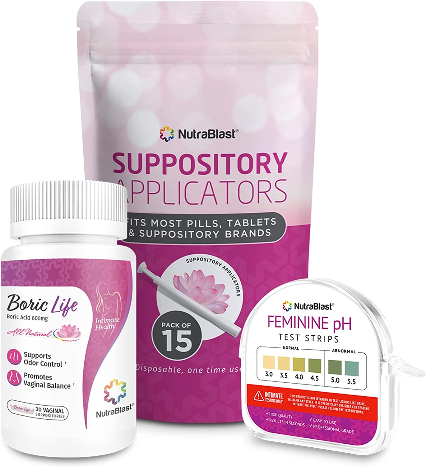 【NutraBlast ホウ酸膣坐剤 600mg (30 カウント)】NutraBlast 使い捨て膣坐剤アプリケーター (15 パック) およびフェミニン pH テストストリップ 3.0-5.5