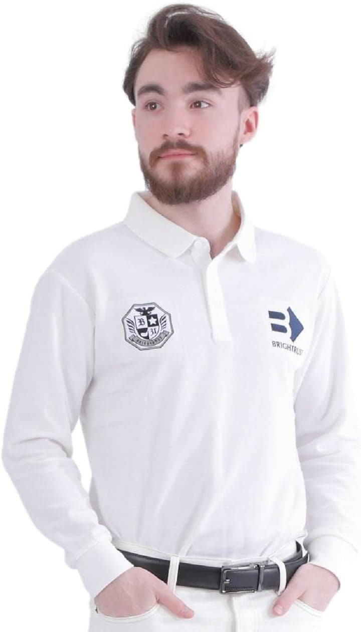 ポロシャツ メンズ ゴルフ ウエア 長袖 100% 綿 コットン ウェア 刺繍 おしゃれ 無地( ホワイト, M)