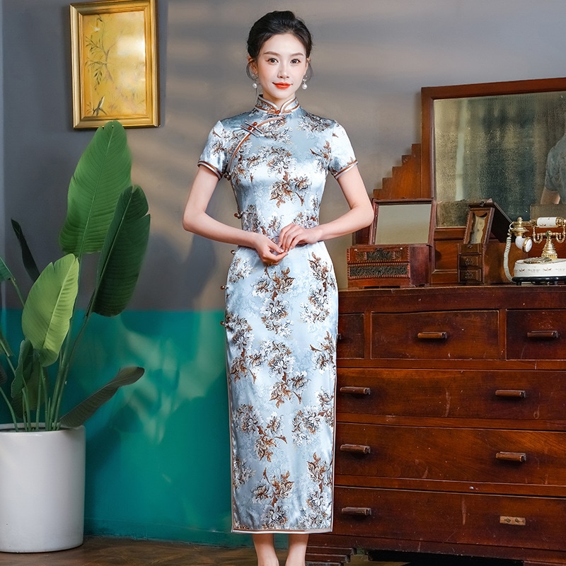 2025シルクチョンサムヤングトレッテラントロングマルベリーシルクドレス