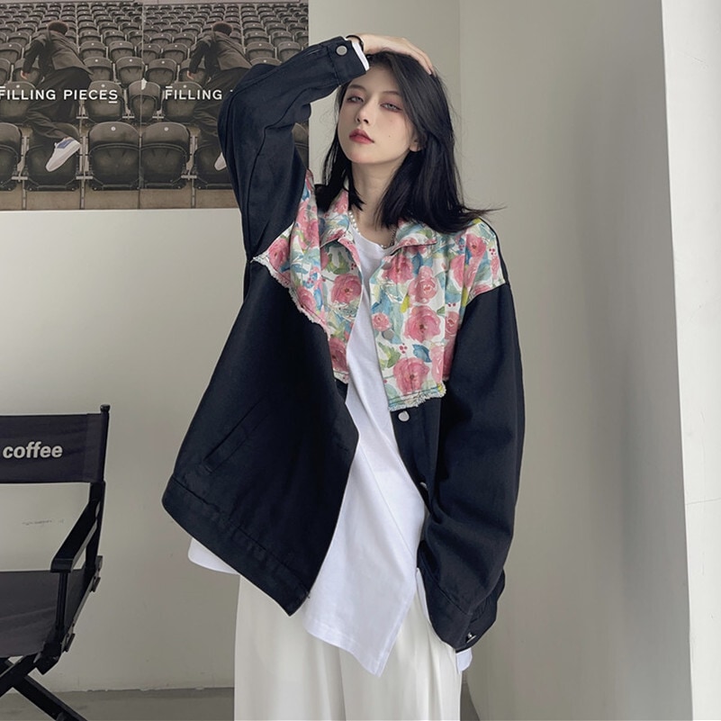 【送料無料】レディース ジャケット ブルゾン 花柄 切り替え ショート丈 デニム 大きいサイズ