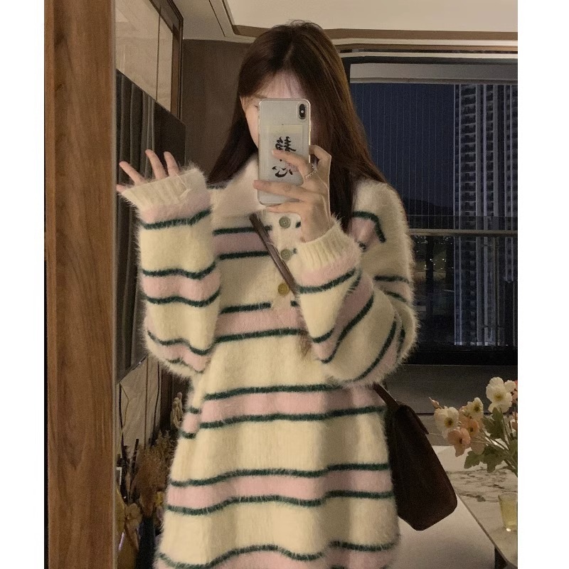 ポロカラーアメリカンレトロミンクベルベットストライプセーターレディース秋レイジースタイルオーバーサイズニットトップ冬 5,548円
