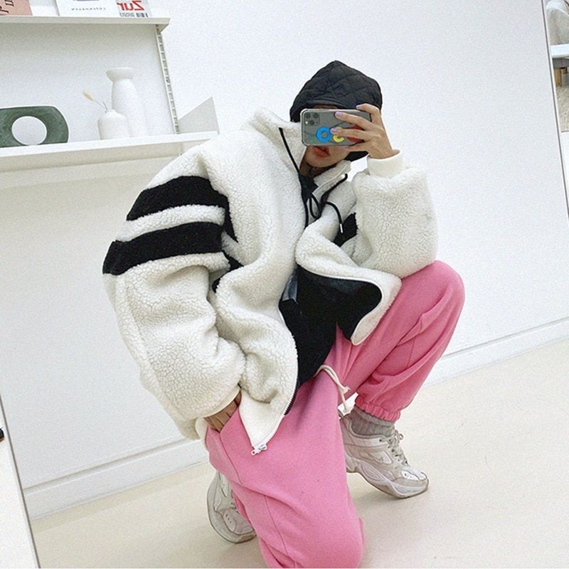 ペレットファー ブラック×ホワイト コンビ 毛足長 トップス 秋冬 大人の魅力 ゆったり ムートン風 ニッチ 保温 着回し おしゃれ