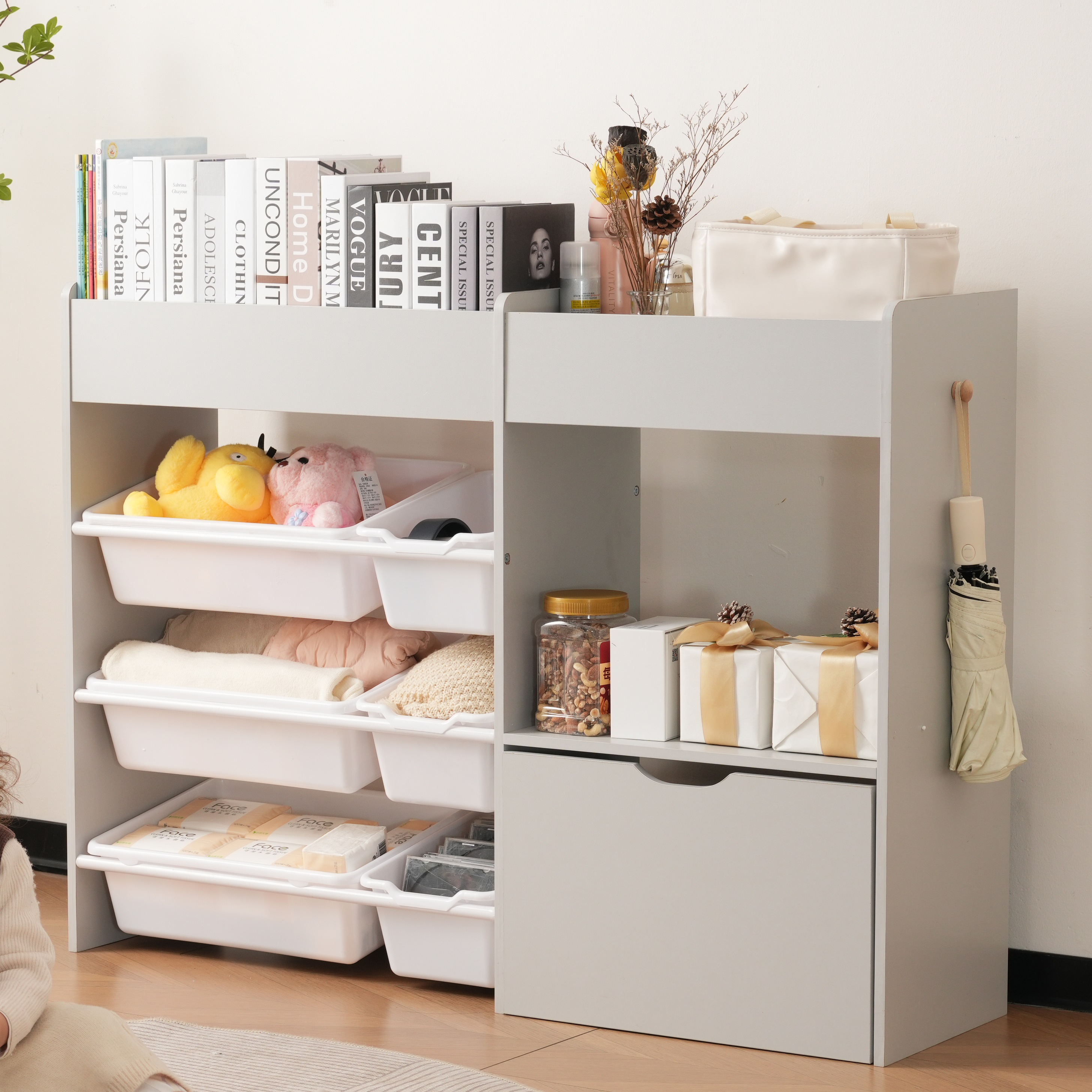 1851絵本棚 おもちゃ収納 ラック 幅109cm おもちゃ箱 おしゃれ ワゴン付き 大容量 組立カンタン 収納ラック おしゃれ 子ども 収納ボックス 木製 引き出し 玩具箱 ナチュラル 新生活 ラン