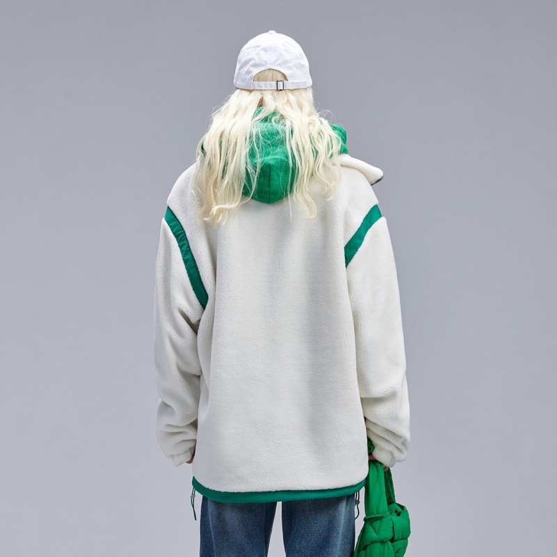 ベージュ ラムスキン パッチポケット ジャケット レディース 秋冬 厚手 トレンド カップル ステッチ コントラストカラー ハイカラー ルーズコート