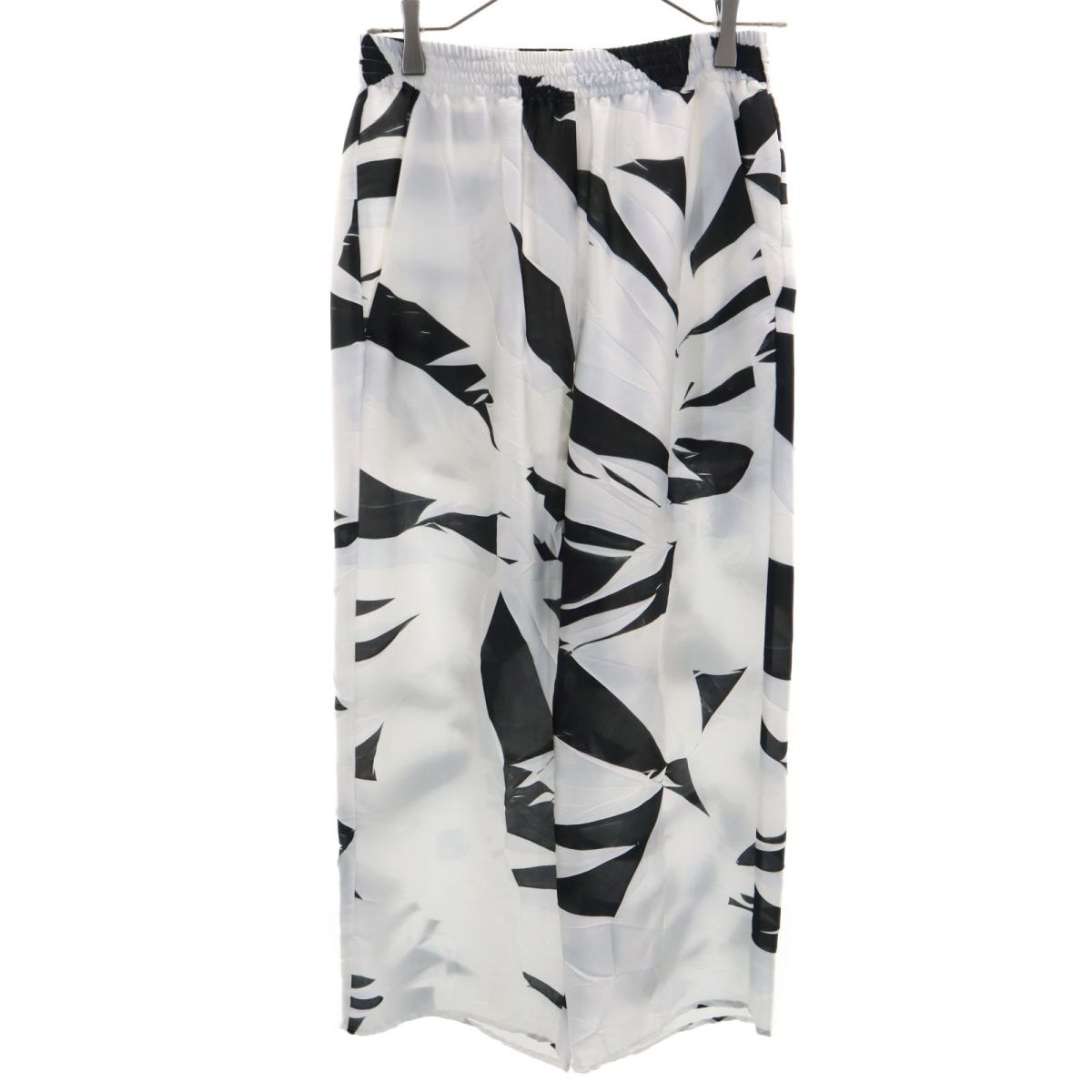 イタリア製 総柄 シャーリング加工 クロップドパンツ 36 ホワイト系 ワイド ゴム仕様 レディース