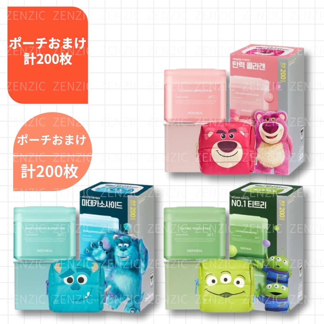 [ポーチ/計200枚] パッド ディズニーピクサー 本品100枚+リフィル100枚+ダウンポーチ/3種択1/コラーゲン/ティーツリー/マデカソサイド