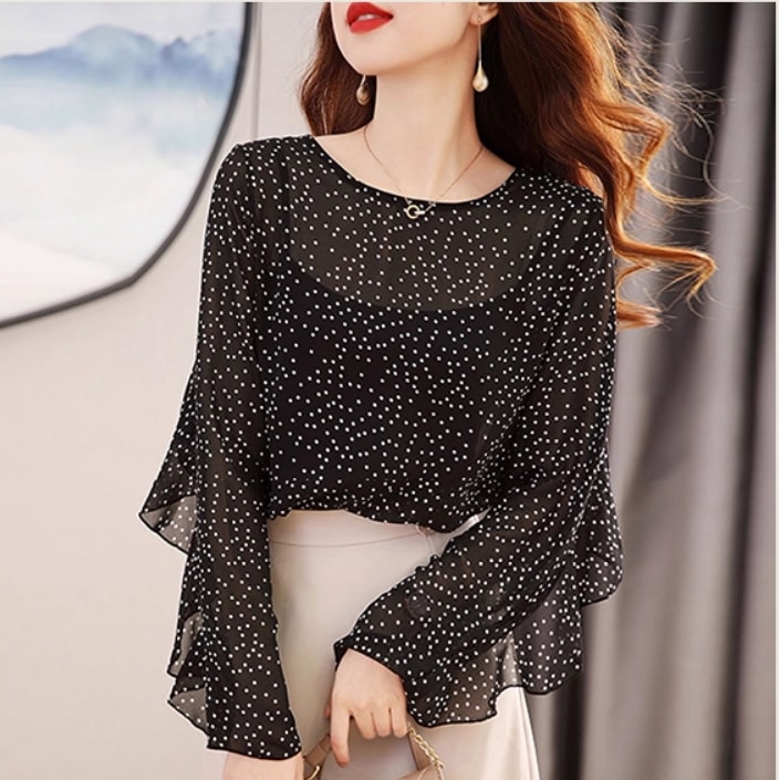 レディース トップス シャツ 長袖 ラウンドネック フェミニン フリル 大人可愛い きれいめ おしゃれ エレガント モダン ラブリー キュート 都会的 ロマンティック ナチュラル フラワー ドット柄