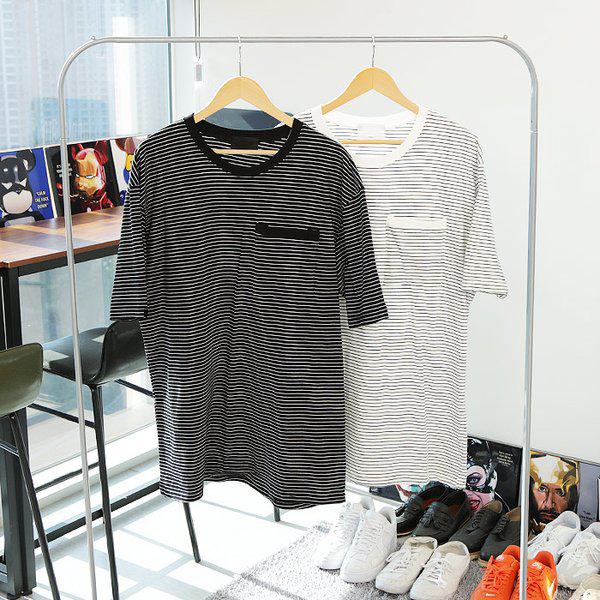 WMG メンズ ビッグサイズ ポケット ストライプ 半袖Tシャツ