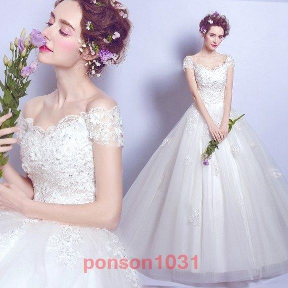 Aラインドレスエンパイア二次会花嫁ウエディングドレス半袖オフショルダーパーティー結婚式ドレス
