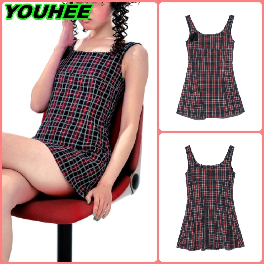 【YOUHEE】CHECK SLEVELESS DRESS NAVY