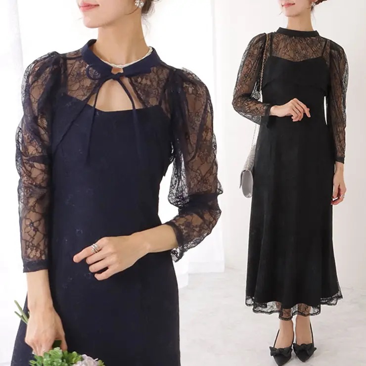 3WAY レース ボレロ付き キャミソール ワンピース 女性 レディース フラワー ドレス スカート 結婚式 ウエディング パーティー セレモニー シアー 透け感 フェミニン フラワー クラシカル 上