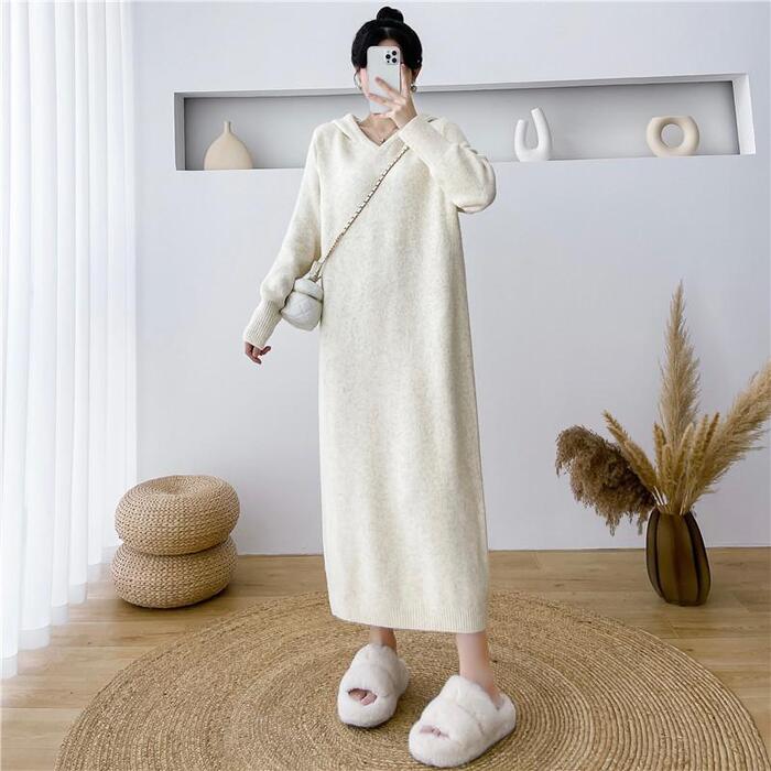 ワンピース ワンピ ドレス ニット フード パーカー 袖あり レディース エレガント きれいめ カジュアル 大人 可愛い フェミニン 長袖 ミモレ丈 シンプル パープル グレー ホワイト 白 ベージュ