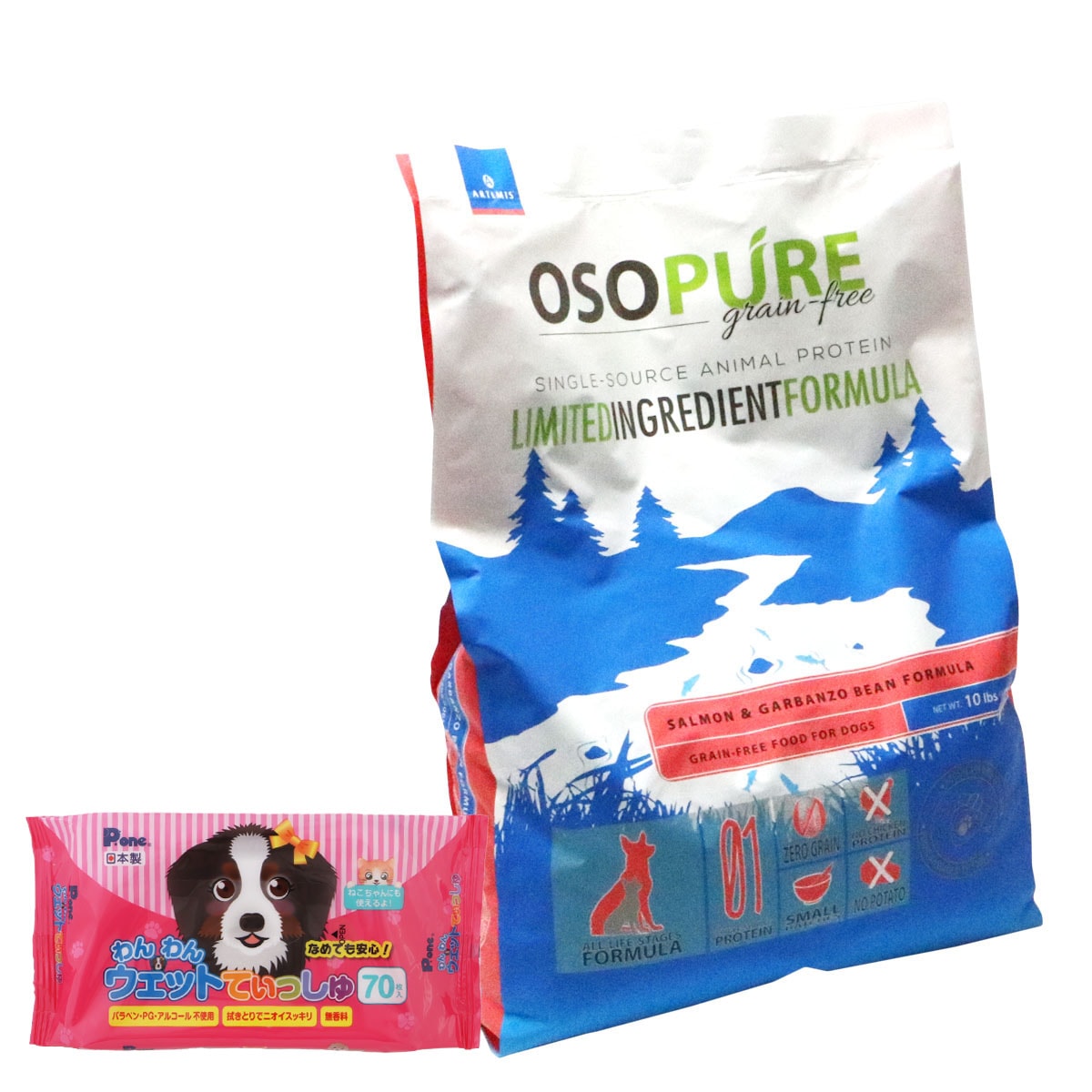 オソピュア グレインフリー サーモン＆ガルバンゾー 4.5kg【わんわんウエットてぃっしゅ1個付き】