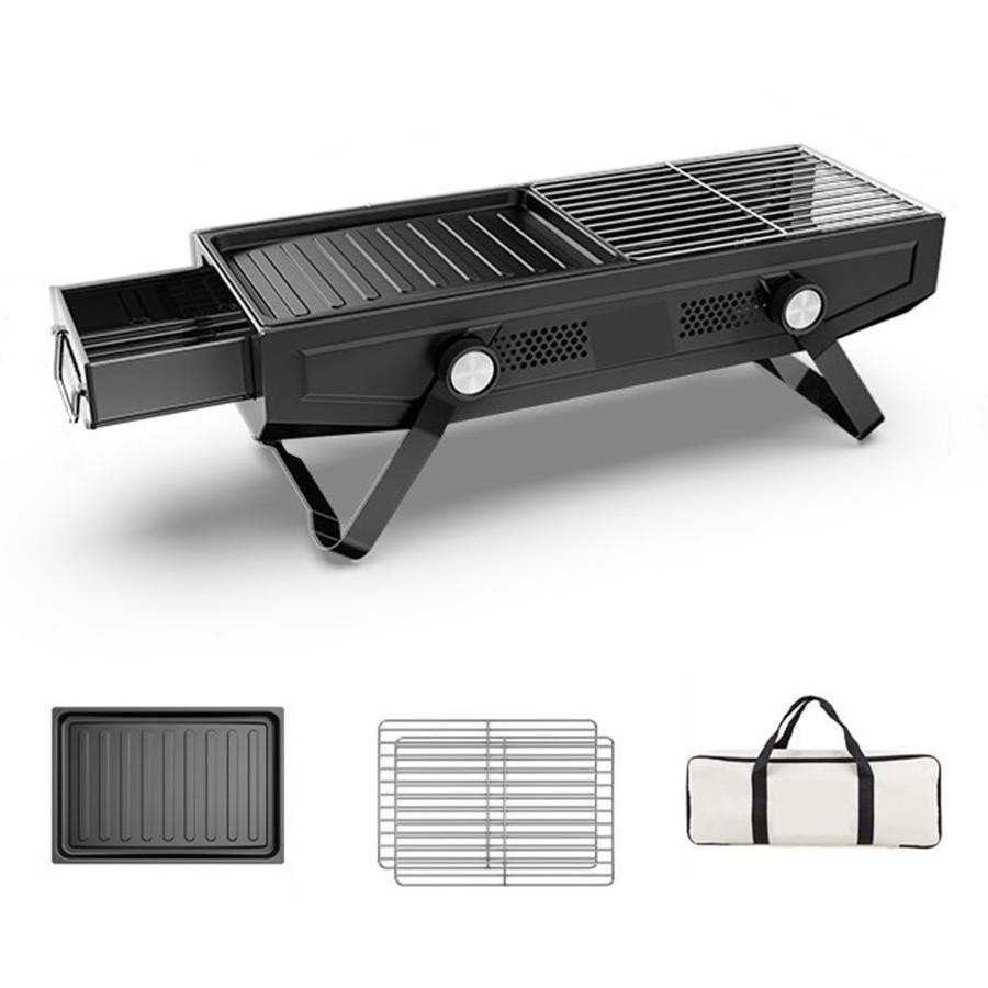 bbq コンロ 卓上 バーベキューコンロ 焚き火台 3~7人用 鉄板付き 網付き 収納袋付き キャンプ アウトドア 携帯用 焚火台 焼き台 蒸し焼き 燻製 ステンレス鋼 バ