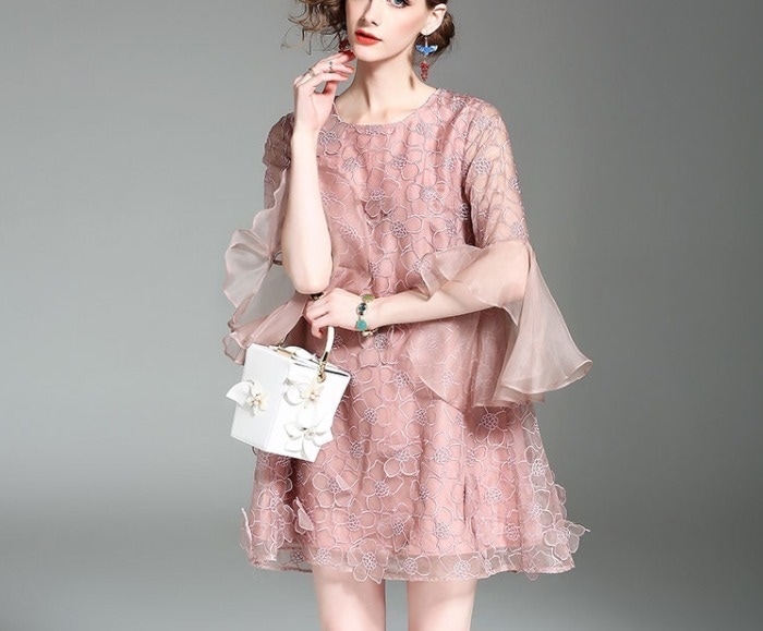 パーティードレス 花柄 レース シフォン クルーネック 七分袖 ボリューム袖 Aライン ワンピース フレア フレア袖 ミニ丈 ふんわり 透け感 ピンク 可愛い 結婚式 二次会 お呼ばれ フォーマル