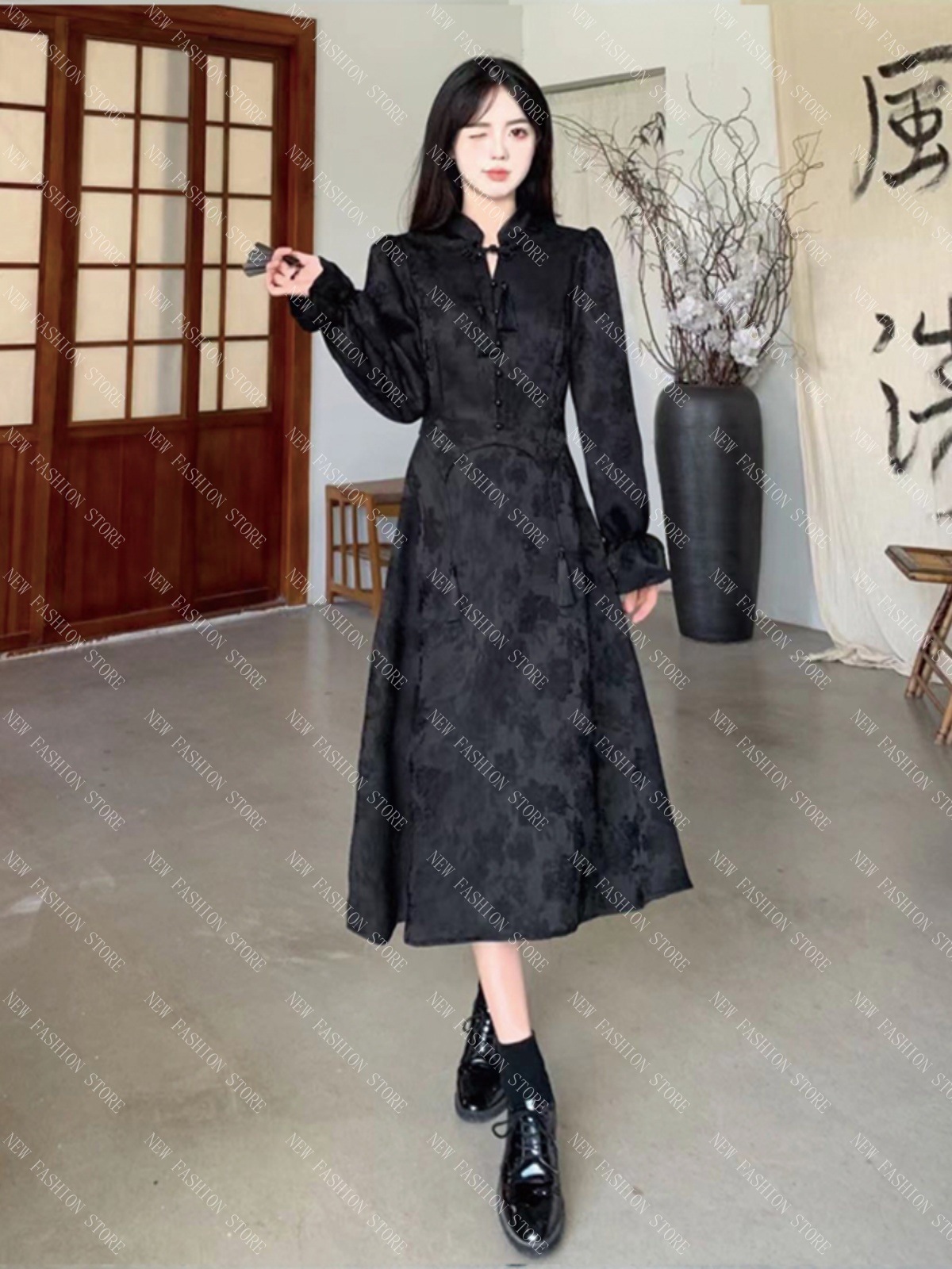 大きいサイズの新しい中国風ワンピース女性の秋冬スカート-73