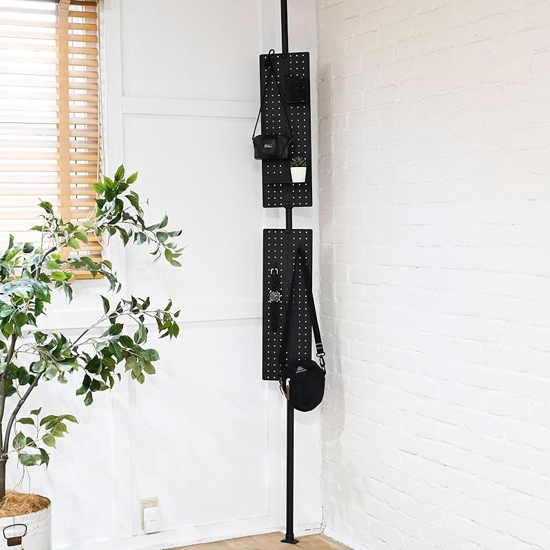 【即納】[山善] 突っ張り パーテーション 有孔ボード 棚 パンチングボード ラック 壁面収納 カンタン設置 幅20×奥行7×高さ190-260cm 隙間収納 賃貸 組立品 マットブラック WJP-7