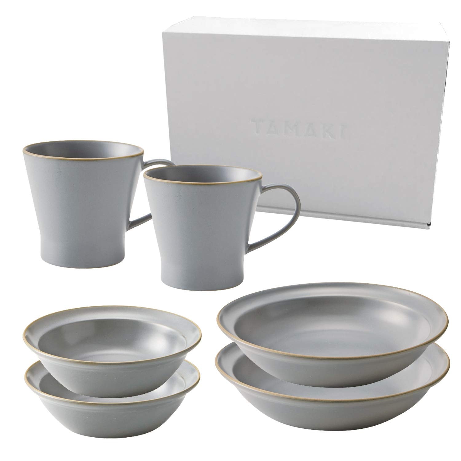 TAMAKI ペア食器セット エッジライン グレー 6点セット 電子レンジ・食洗機対応 箱入 2人用 ふたり暮らし T-930236