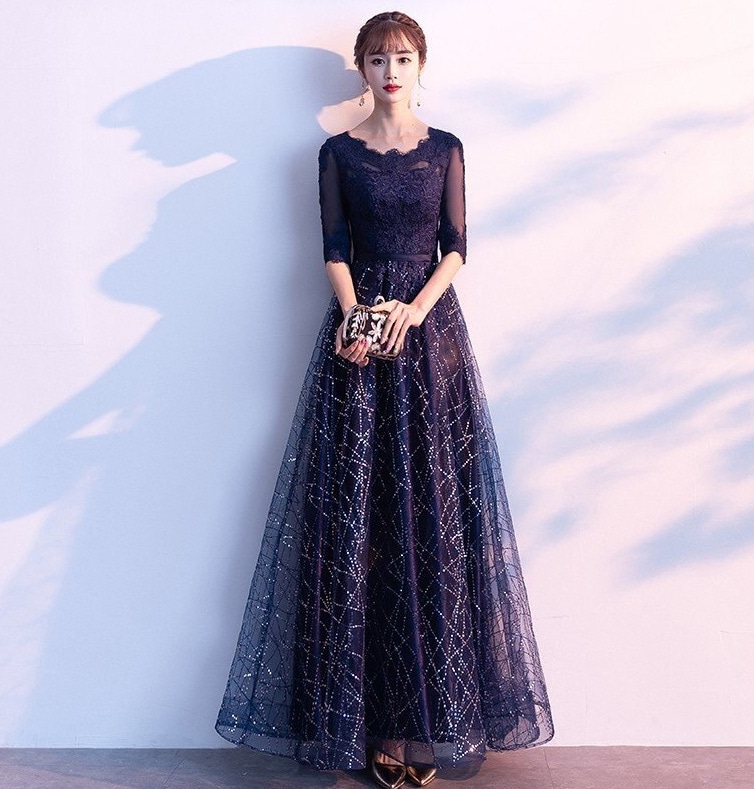 パーティードレス ロング丈 袖あり 結婚式ドレス マキシ丈 切り替え 紺色 パーティー お呼ばれ 発表会 演奏会 成人式 二次会 エレガント 大人 20代 30代 40代