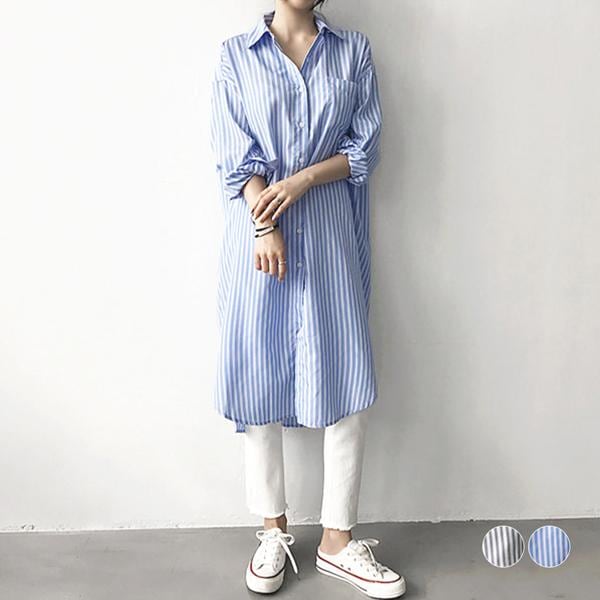 ロングシャツ レディース チュニックワンピース カジュアル シャツワンピース ストライプ 韓国 ファッション / ストライプロングシャツ
