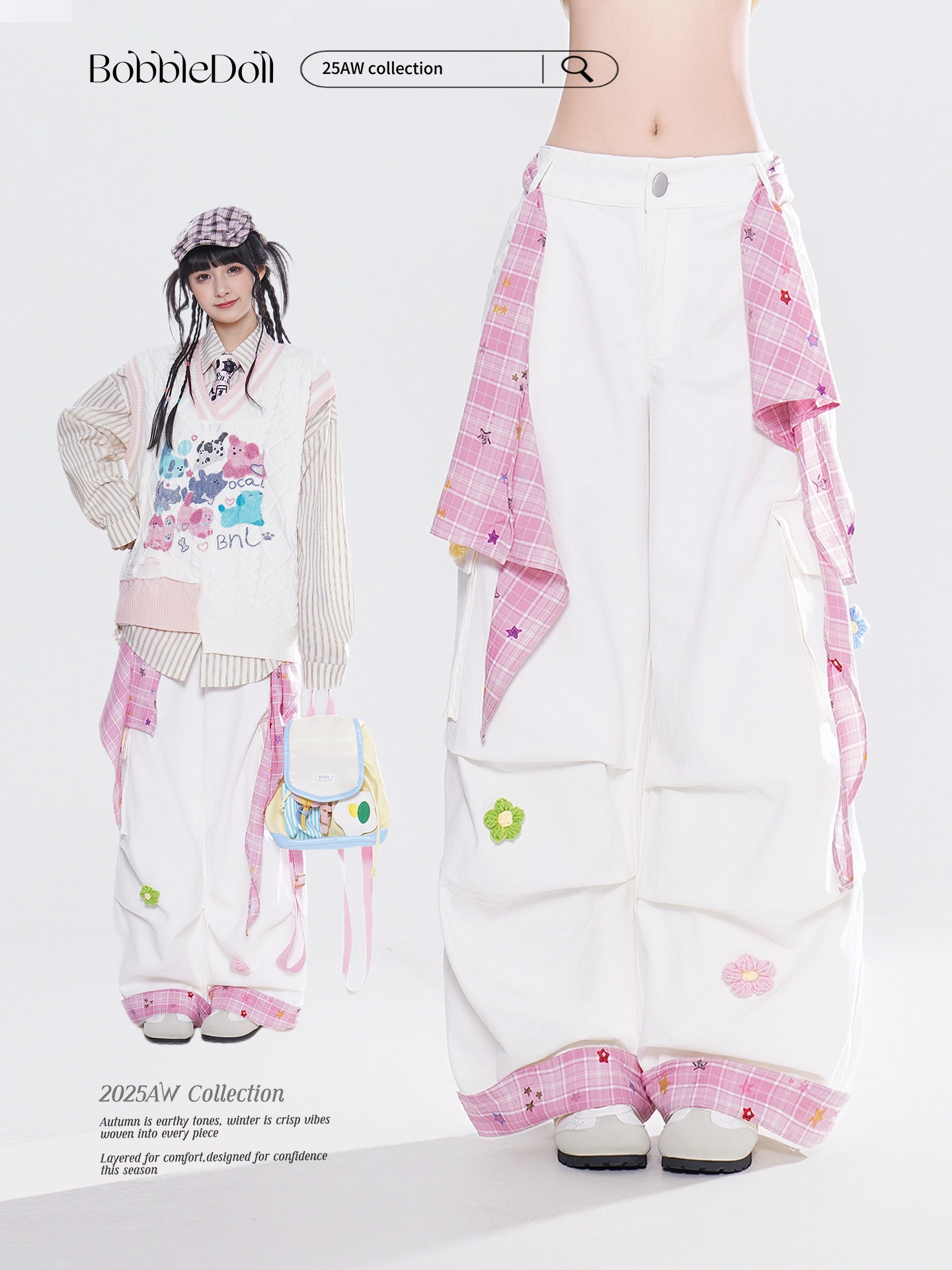 BubbleDoll アメリカンストリートスタイルのリボン付きワークパンツ女性用多用途デザインゆったりとしたロールアップカジュアルロングパンツ