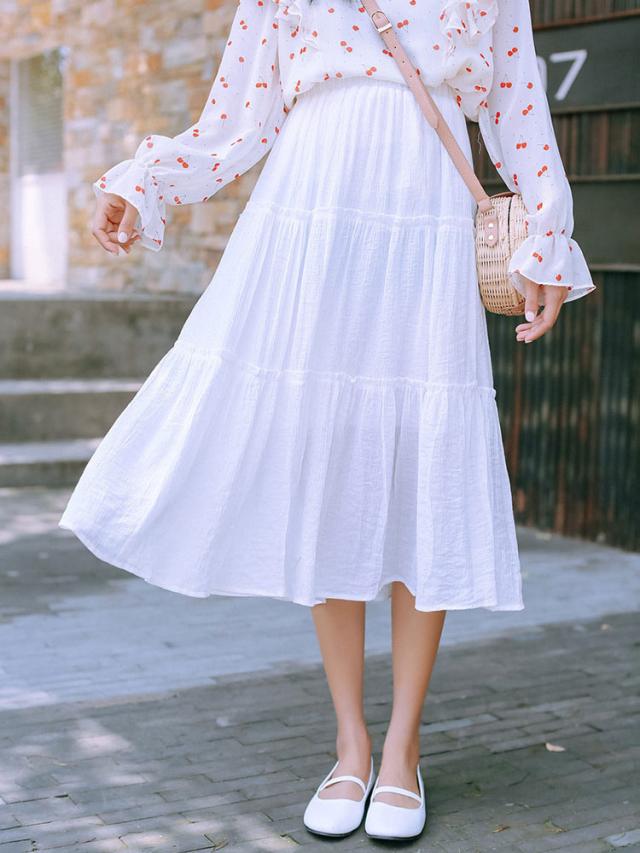 【2点購入で150OFF】【新品開催 】甘いロリータSKドレスティアードホワイトポリエステルデイリーカジュアルサマーロリータスカート