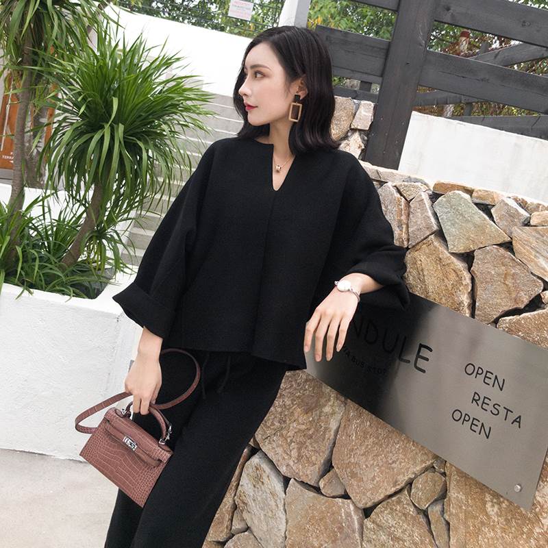 ニット ワイド パンツ バラ売り レディース セーター キーネック オーバーサイズ ルーズフィット 長袖 体型カバー スリーブ こなれ感 クロップド丈 ド 細身 シンプル 大人可愛い 韓国 オルチャン