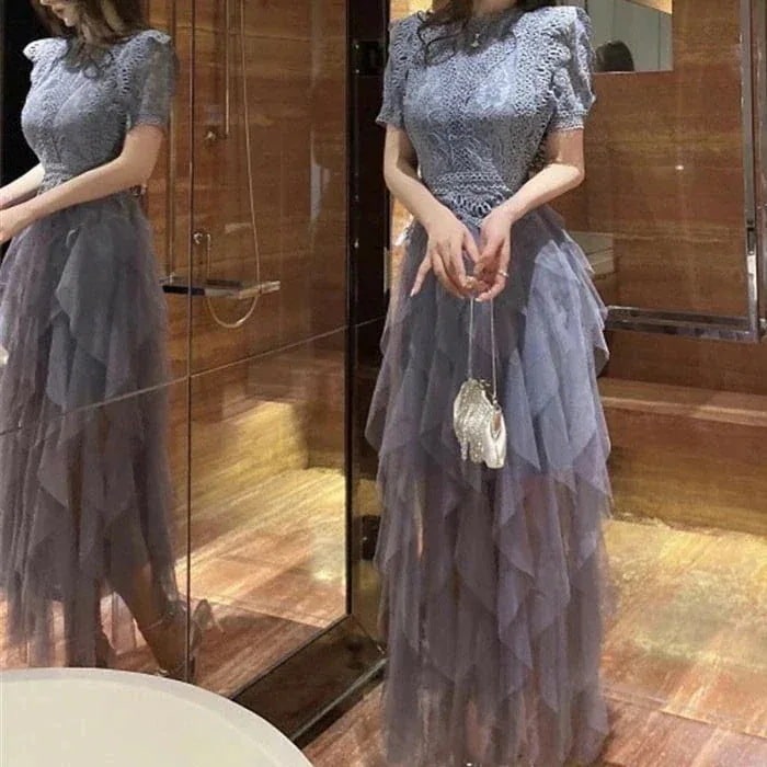 【期間限定！】パーティードレス 結婚式 二次会 ロング丈 シースルー レース フレア ボリューム ワンピース 海外 おしゃれ ブルー ホワイト Aライン 半袖 デザイン 春 秋 きれいめ ハイウェスト