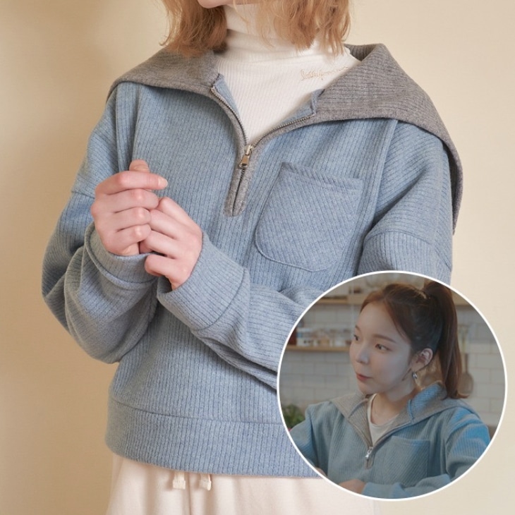 パク ジンジュ着用 / イグルーハーフ ジップ アップ セーター(スカイブルー)秋冬ニット レディース 秋 ニット トップス 韓国人気ブランド 10,703円