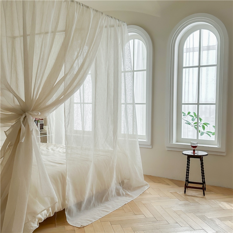 フレンチリネン簡単に取り外し可能で洗える宮殿蚊帳スペースを増やすフロアスタンディング3ドアベッドカーテンプリンセススタイルベッドカーテン蚊帳