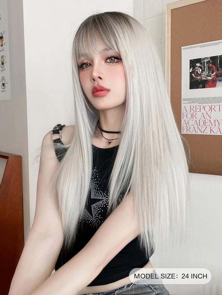 7JHHWIGS オンブルグレー ウィッグ 前髪付き ロング ストレート ライトグレー 人工毛ウィッグ 女性用 日常 コスプレ パーティー 使用 スイートガールズウィッグ 24 インチ 5,604円