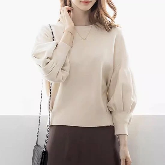 長袖カットソー レディース トップス セーター ボリューム袖 パフスリーブ シンプル 無地 カジュアル お出かけ おしゃれ ラウンドネック プルオーバー ランタンスリーブ ファッション 可愛い 女性