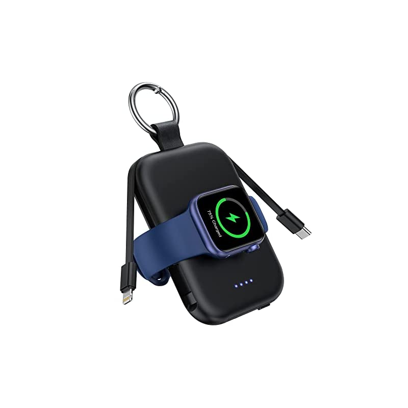 【2023年新登場】モバイルバッテリー apple watch 充電器 ワイヤレス充電 5000mAh 2本ケーブル内蔵 【Lightning+Type-Cケーブル内蔵】 アップルウォッチ対応 app