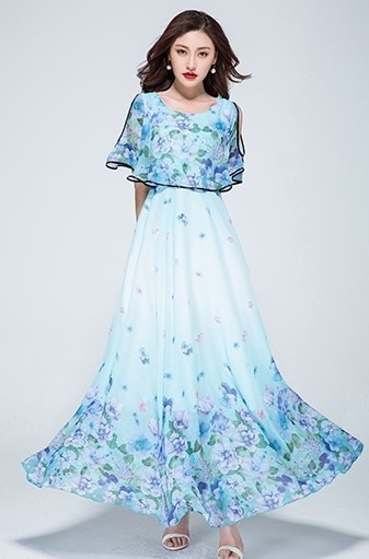 1947.シースルーフレアロングドレス（スカイブルー花柄）2019 春夏 sale 春夏 sale ワンピース 花柄 Uネック 五分袖 エレガント お呼ばれ パーティー 結婚式 披露宴 女子会 レス