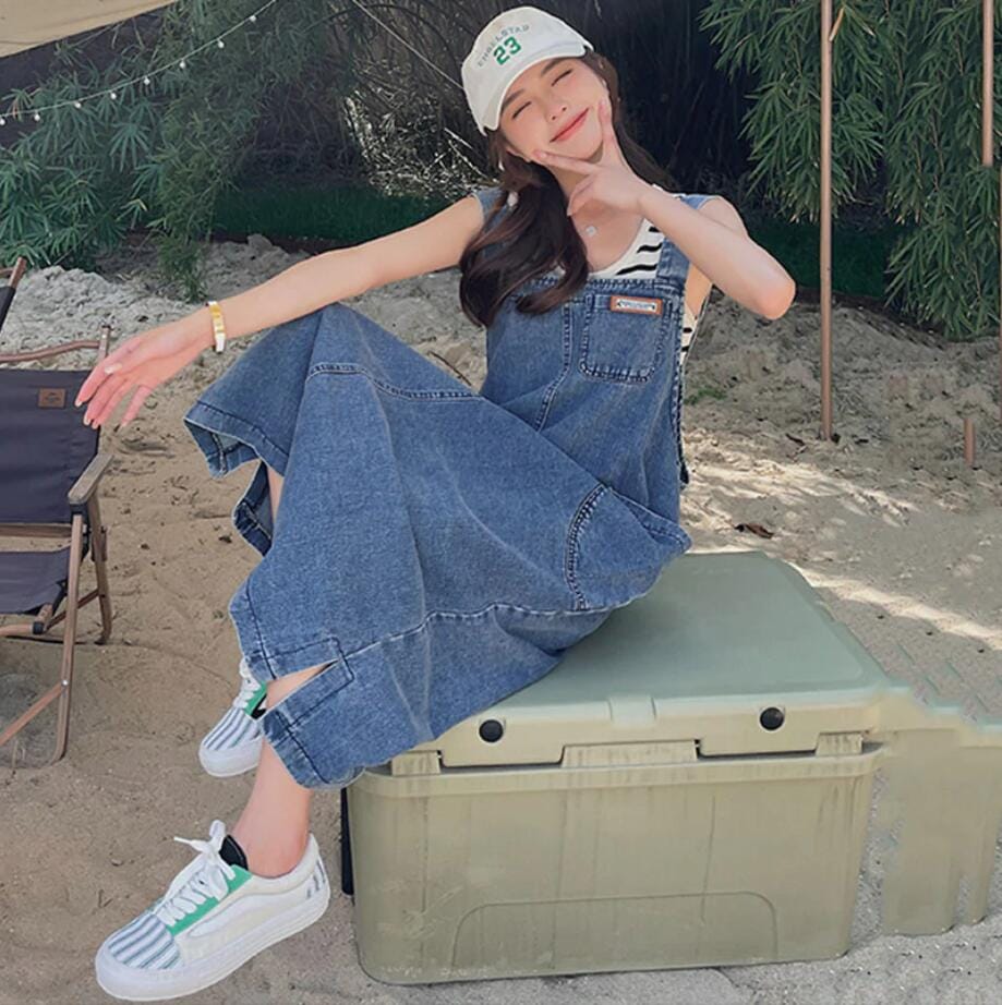 デニムサロペットスカート カウボーイ ストラップドレス ホルタードレス ルーズ カジュアル 薄い ロング ドレス