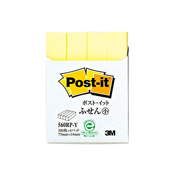 （まとめ） 3M ポストイット ふせん小 再生紙スタンダードカラー 75×14mm イエロー 560RP-Y 1パック（4冊） (×15セット)